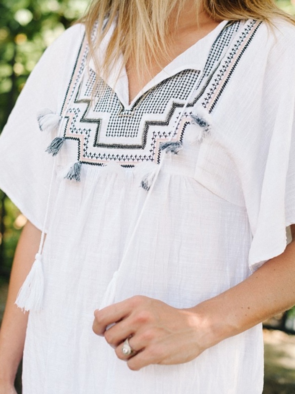 J.Crew white linen-blend embroidered tunic - geometric neckline with tassels XS